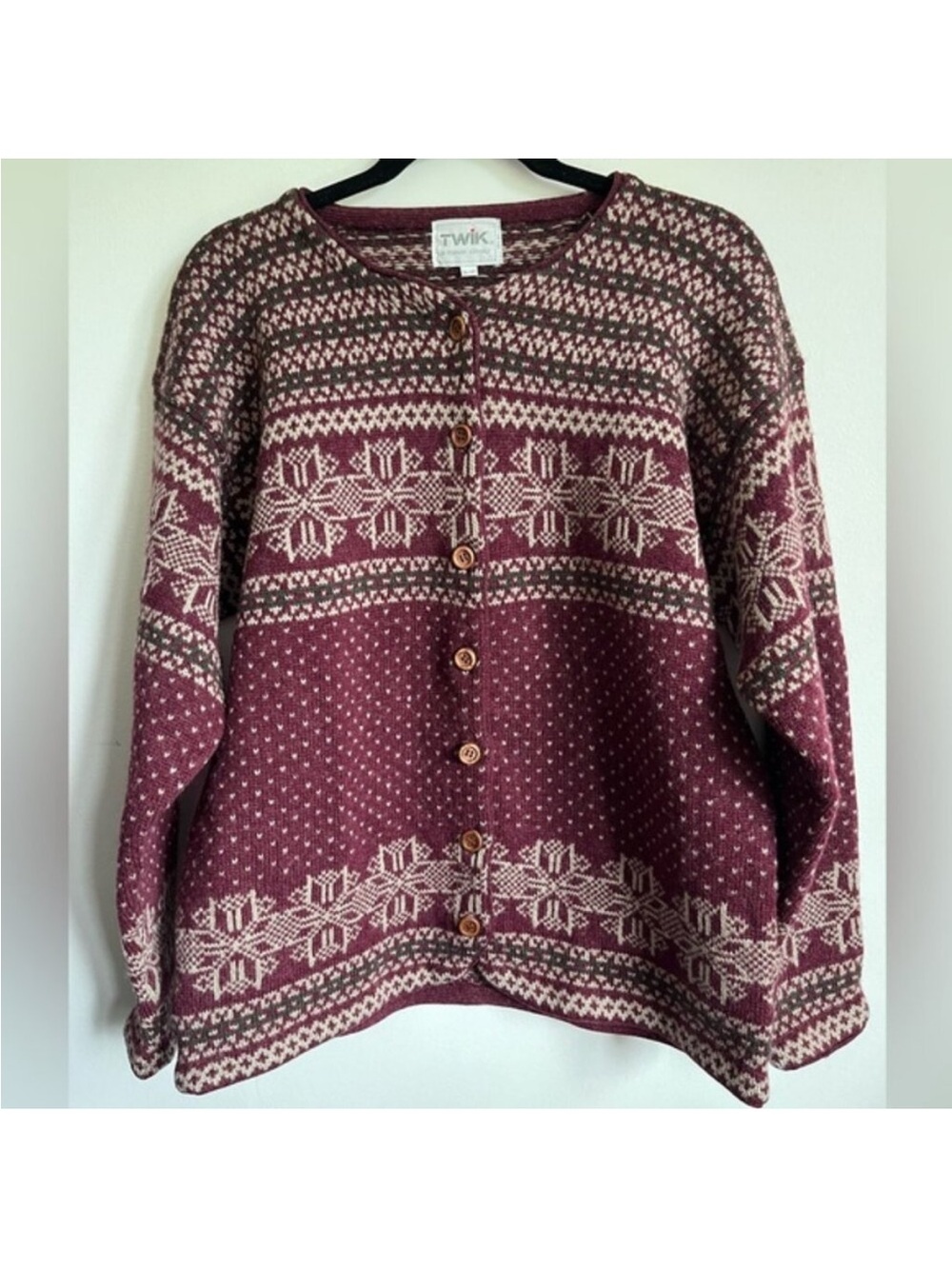 Vintage Twik Women Wooden Button Fair Isle 100% Wool Long Sleeve Cardigan